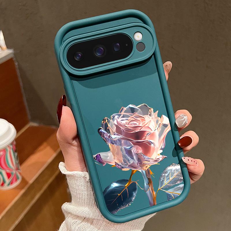 Crystal Rose Flower Print TPU Shockproof Case For Google Pixel 9 Pro XL 8 Pro 8A Lens Protection Matte Soft Phone Cover