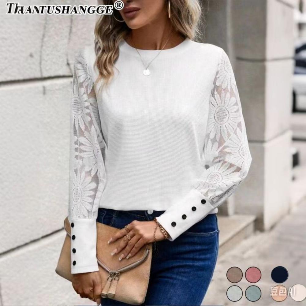 2024 Autumn Top European and American Solid Color Long Sleeve Embroidered Lace Splicing Waffle Round Neck Top Fashionabl Versatile