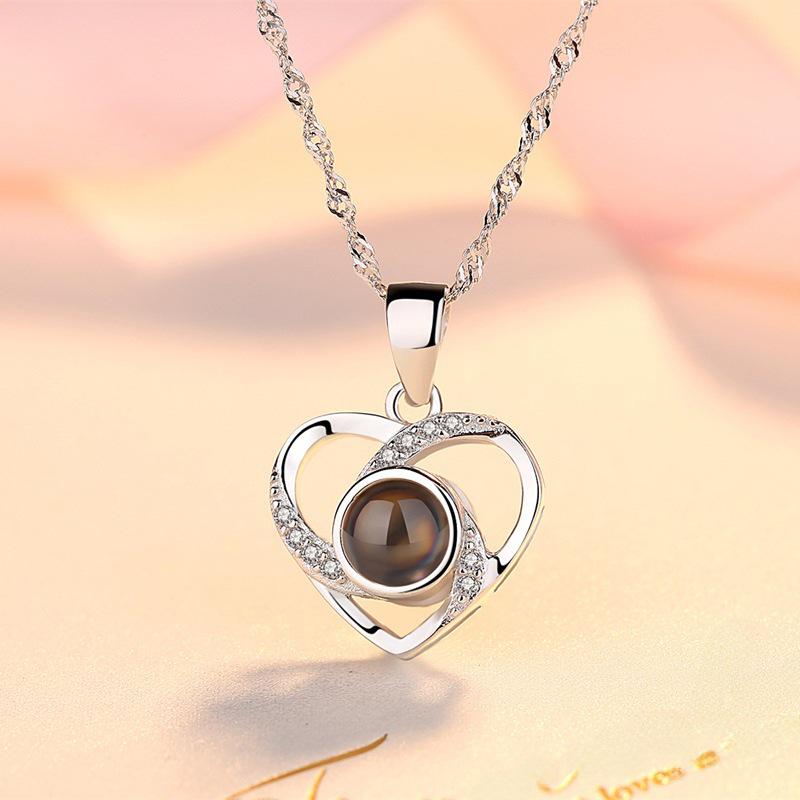 S925 Silver Peach Heart Projection Necklace 'I Love You' in 100 Languages