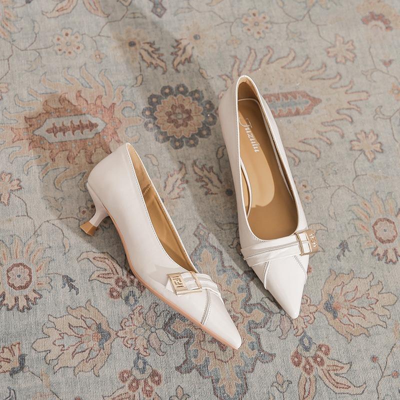 Retro small heel single shoes women's spring summer new belt buckle pointed head shallow mouth daily commuting high heels