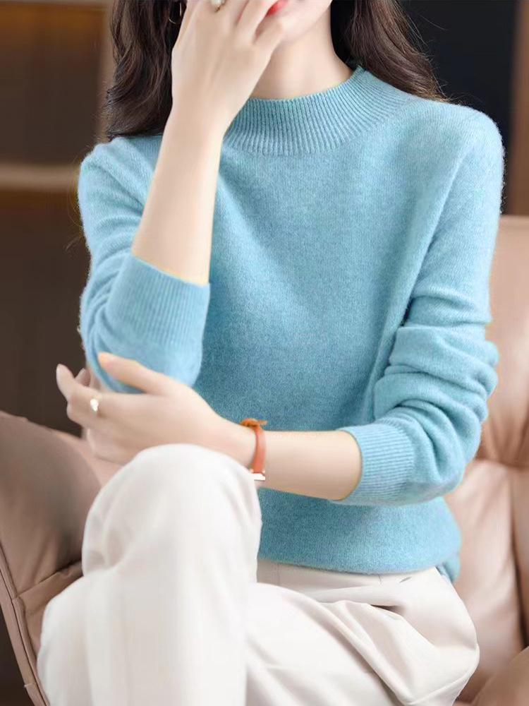 Women's Slim-Fit Autumn Sweater: Fashionable Half-High Neck, Versatile Pure Wool for Base Layer or Outerwear, Skin-Friendly