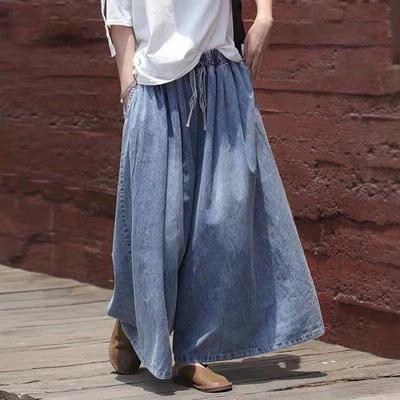 Women‘s Wide Leg Denim Culottes Pants Elastic High Waist Palazzo Trousers Vintage Hippie Baggy Pants