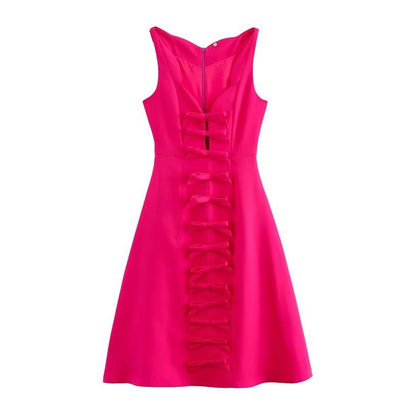 

Kaslead New Arrival Women s Clothing Fashion Style Fashion Simple and Thin Stereo Bowknot Decoration Dress Rose Red L