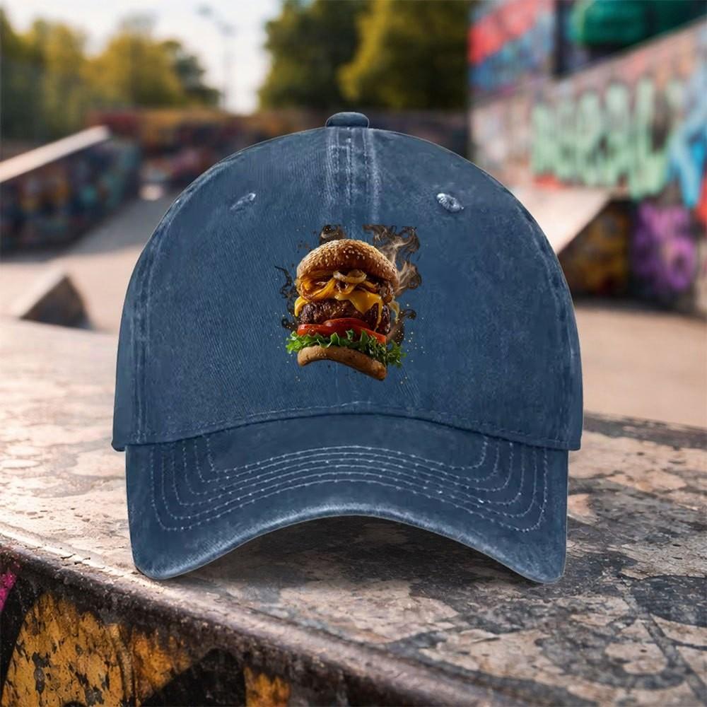 Hamburger Graphic Washed Baseball Cap Trendy Streetwear Adjustable Cotton Outdoor Sun Hat One Size