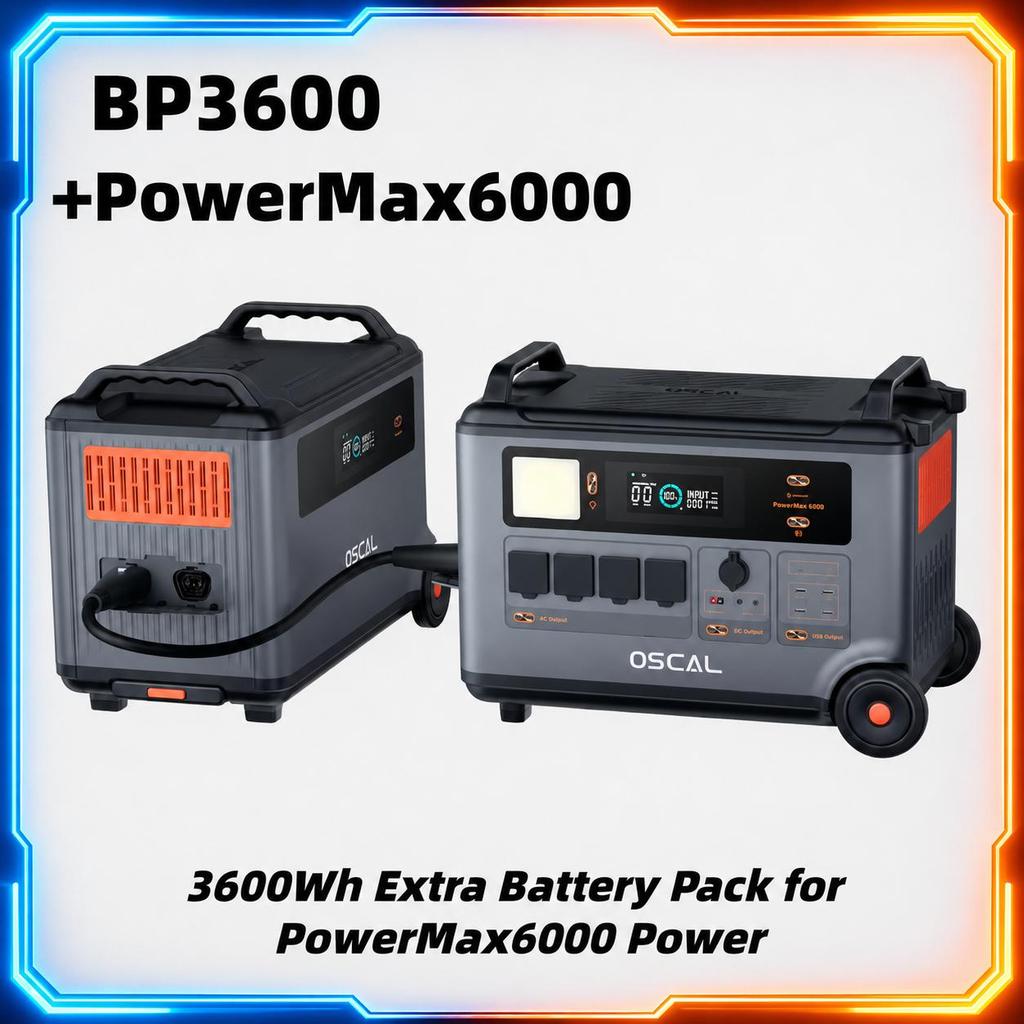 Oscal PowerMax6000 Power Station, 3600Wh LiFePO4 Batterij, 14 Stopcontacten, Dubbele Spanning Uitgang, APP Bediening, Betere Mobiliteit & BMS