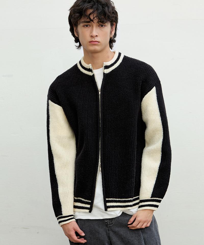 Nod You Varsity Color Block Two-Way Round Zip-Up Knit Jacket [Black] M