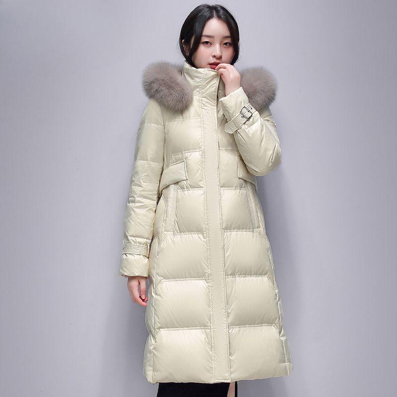 Snow Winter Girls Down Jacket Hooded Big Fur Collar Medium and Long Jacket Fashion Glossy Duck Down Top