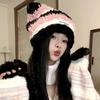 New Winter Hat for Women Cute Color Blocking Striped Letter Mark Plush Ear Protection Hat Warm Versatile Knitted Wool Hat