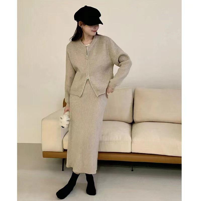 Double zipper sweater skirt two-piece set women's casual loose autumn and winter new skirt knitted cardigan