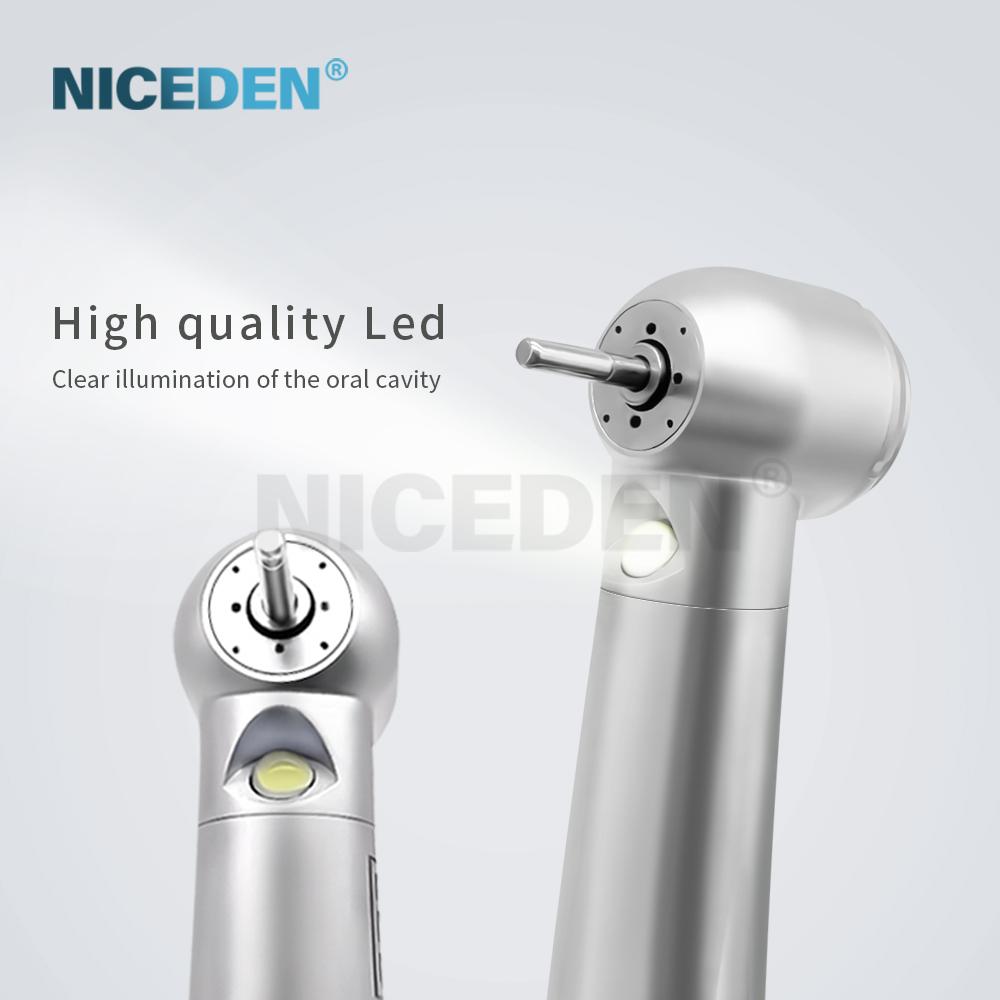 Niceden Zubná LED vysokorýchlostná vzduchová turbínová násadka so samonapájacím E-generátorom, optické vlákno, tlačidlové upínanie, štandardná/mini hlavička, 2/4 otvory
