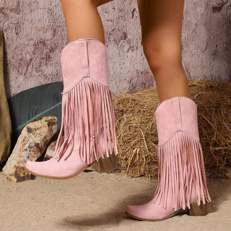 

Ботинки большого размера европейского и американского стиля на толстом каблуке с бахромой, модные осенне-зимние остроносые ботильоны на высоком каблуке в западном стиле 39 розовый