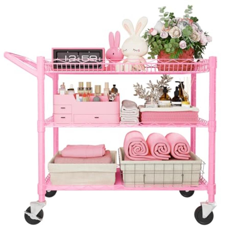 

Pink 3 Tier Heavy Duty Metal Rolling Cart with Wheels and Handle 990Lbs Capacity 31D x 18W x 33H for Bedroom Bathroom Kitchen G рожевий