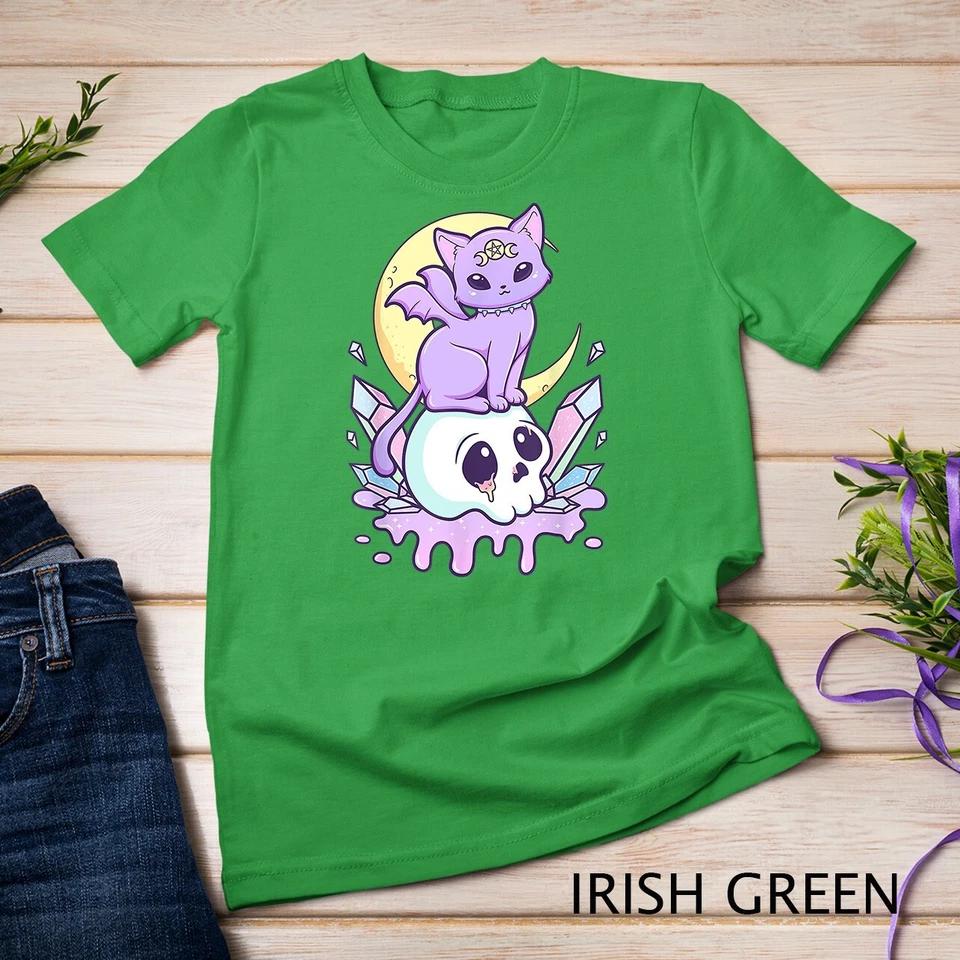 Kawaii Pastel Goth Cute Creepy Witchy Cat and Skull Anime Unisex T-shirt 4 M
