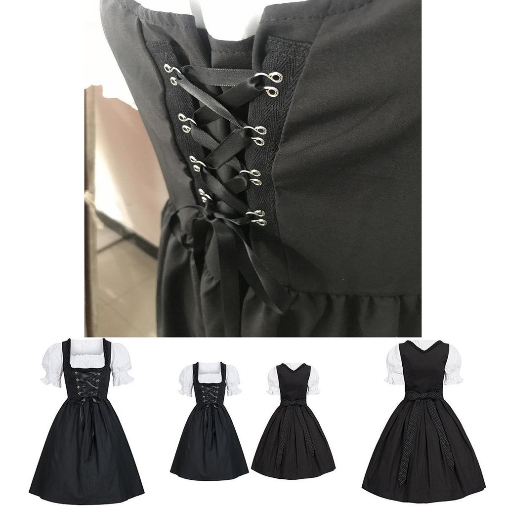 Vintage Bavarian Dirndl Costume With Elastic Waist And Bubble Sleeves For Festive Occasions