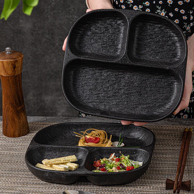 Household Ceramic Plate Sets 8.5 Inch Japanese Stone Pattern Tableware Loss Weight Three Dividing Plate with Bowl Scoop Cup