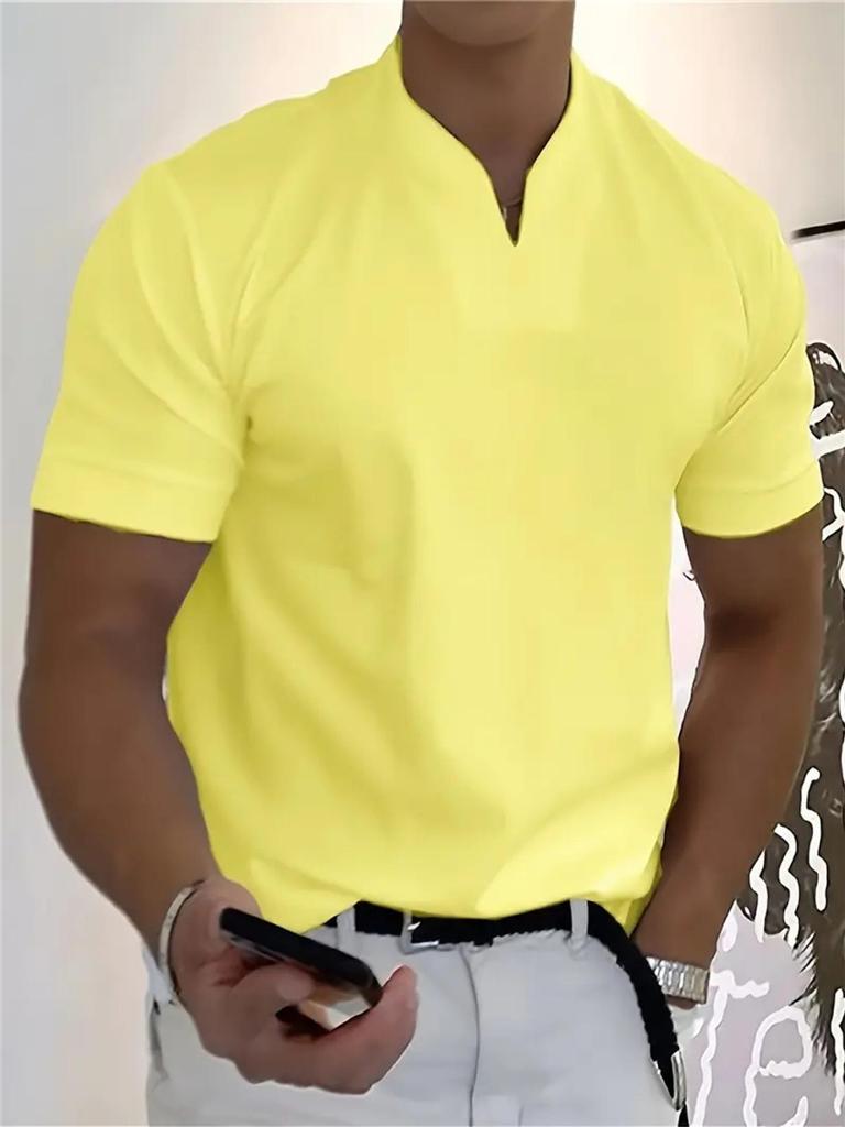 2025 Men's V-Neck Muscle Fit Sports T-Shirt - Elastic Short Sleeve Solid Color