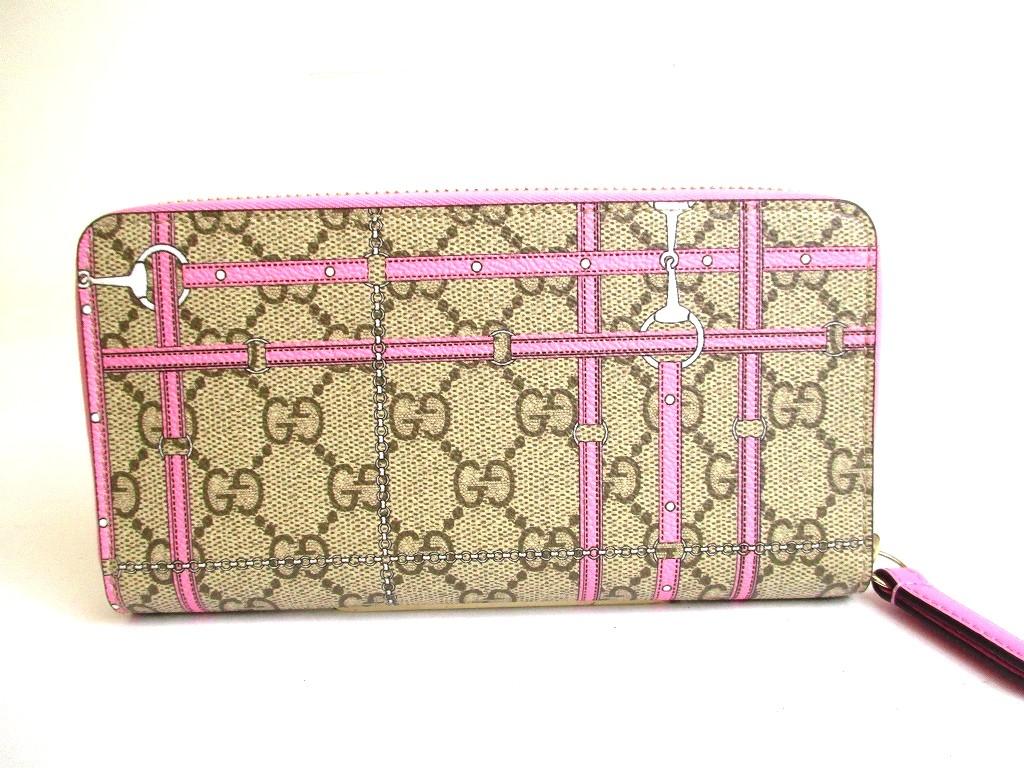 Authentische GUCCI GG-beschichtetes Canvas Rosa Leder Horsebit Rundreißverschluss Geldbörse #b301 Geöffnete Schachtel