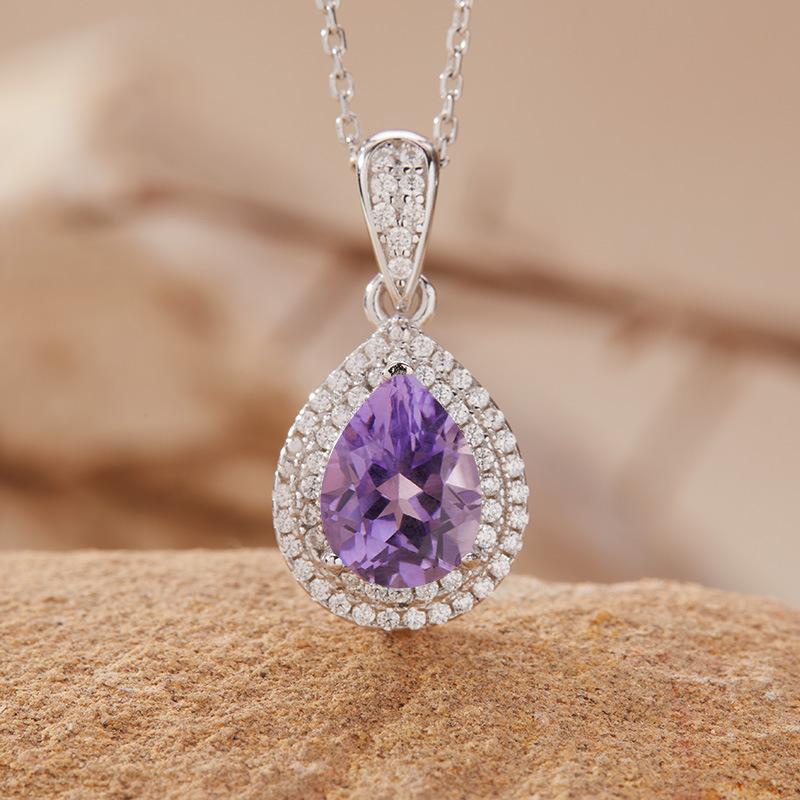 Droplet-Shaped Luxury Diamond-Set Natural Amethyst Citrine Garnet Topaz Necklace Women'S S925 Sterling Silver Colored Jewelry