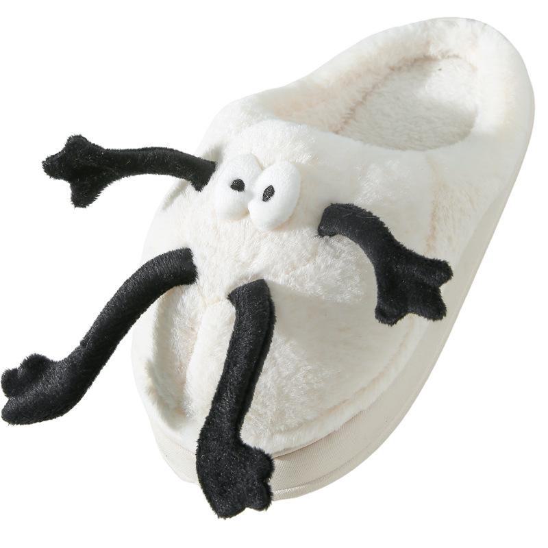 Pantoufles d'intérieur mignonnes en coton avec pompon en fourrure noire pour femmes - Hiver, antidérapantes, chaudes, bout fermé, semelle souple, chaussures de maison amusantes pour couples