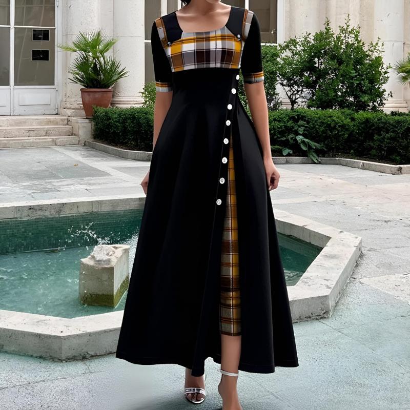 2026 Summer Women's Short-sleeved Round-neck Large Swing Dress Commuter Long Dress, Color Block Three-Quarter Sleeve Irregular Plaid Maxi Dress
