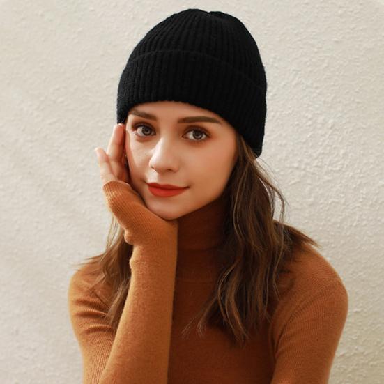 Women Winter Hat Solid Color Thick Warm Knit Hat Brimless Ribbed Breathable Hat with Good Elasticity Headwear