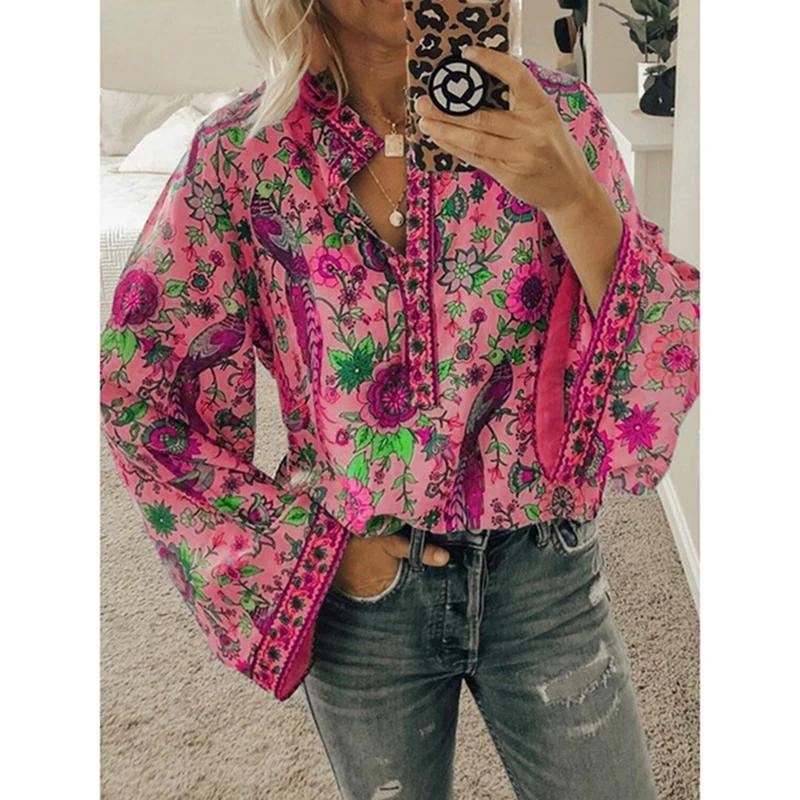 Spring Autumn Print Aesthetic Loose Casual Shirt Women Long Sleeve Vintage All Match Lady Blouse Sweet Fashion