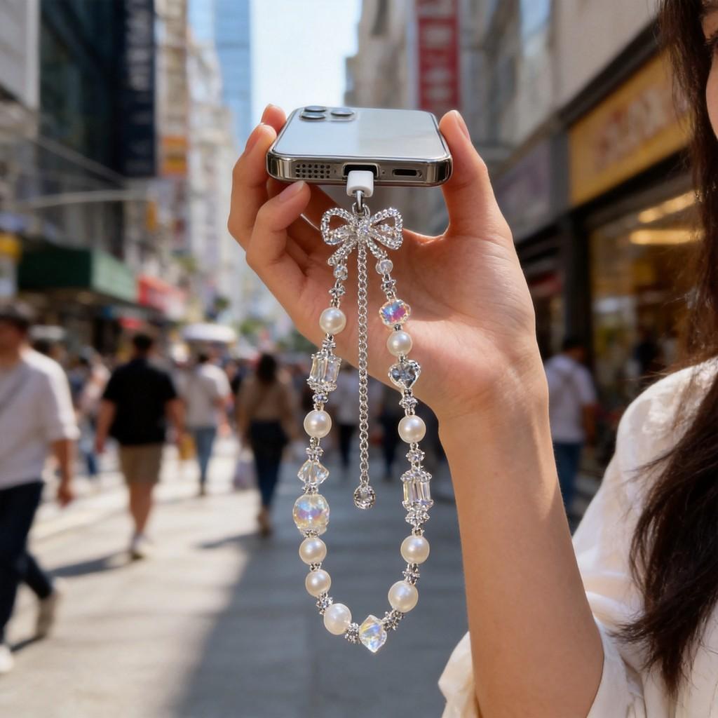 Fashion Luxury Pearl Bow Tassel Phone Chain With Crystal Beads For Women