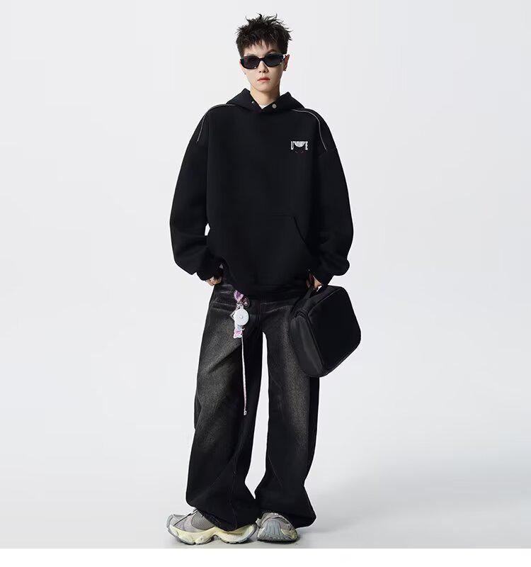 Men's Autumn Black Demon Cat Print Heavyweight Loose Fit Hoodie