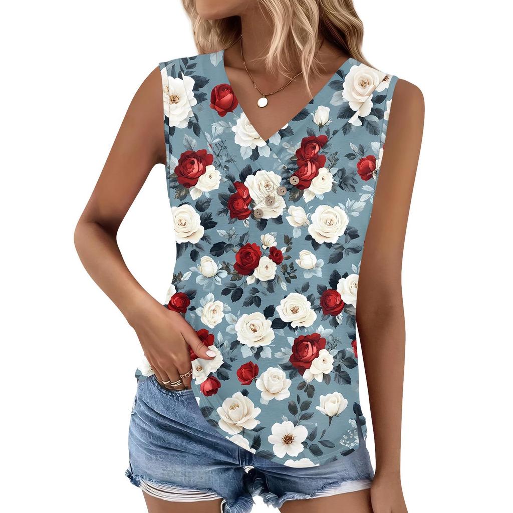 Women's Print Tank Top Button-down V-neck T-shirt Sleeveless Loose Fashion Top