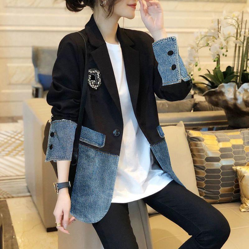 Cowboy Splicing Blazer Women Casual Loose Patchwork Denim Large Size Coat Polo Collar Long Sleeved Jacket New Fashion  Autumn