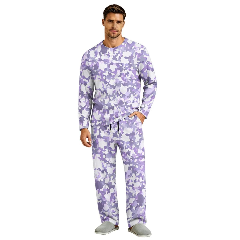 Men's Long Sleeve Pajama Set with Button Crotch and Elastic Drawstring Waist Pants for Home Loungewear