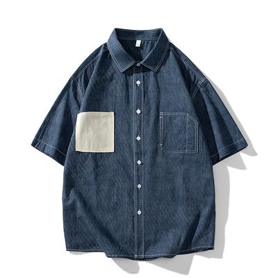 Men's Shirt Denim Stand Up Collar Versatile Single Breasted Short Sleeved Casual Minimalist Top