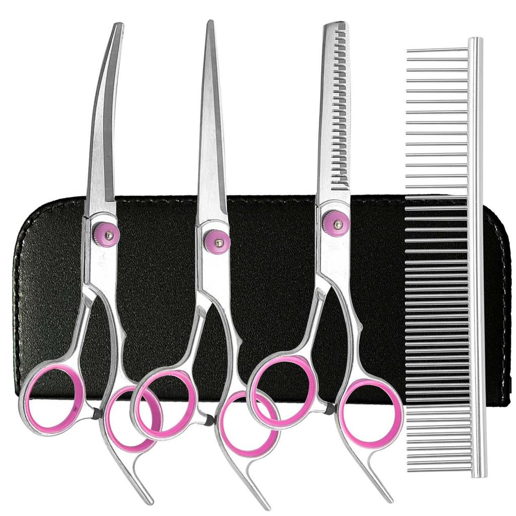 Portable Pet Grooming Scissor Set: Flat & Curved Hairdressing Tools