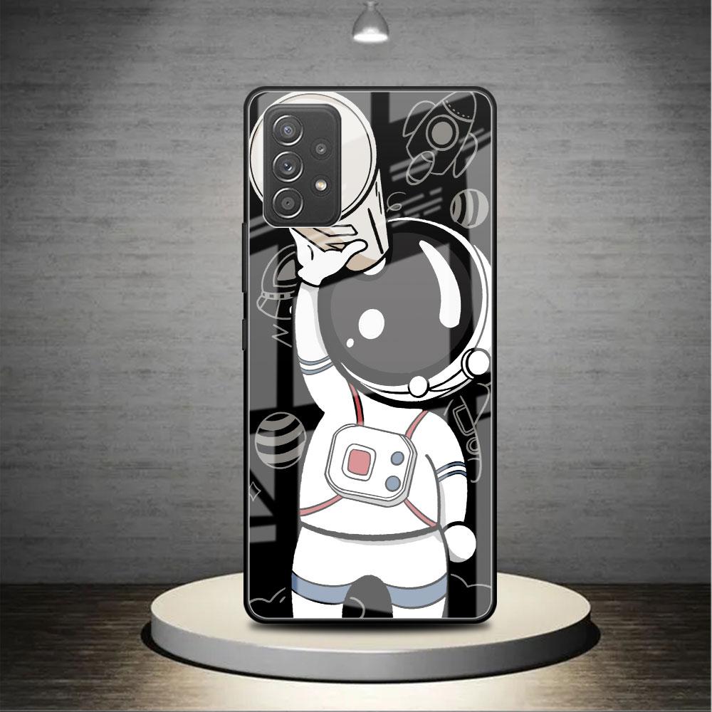 Cute Astronaut Glass Case For Samsung Galaxy A52 A71 A50 A51 A70 A21s A31 A72 A10 A12 A30 A22 5G Phone Cover