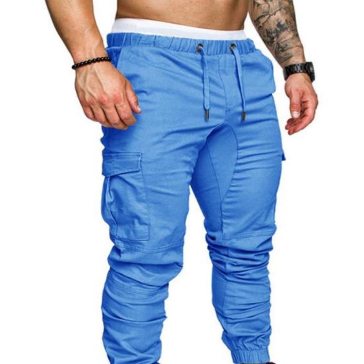 Skinny Cargo Pants Casual Men Solid Color Drawstring Waist Ankle Tied Pockets