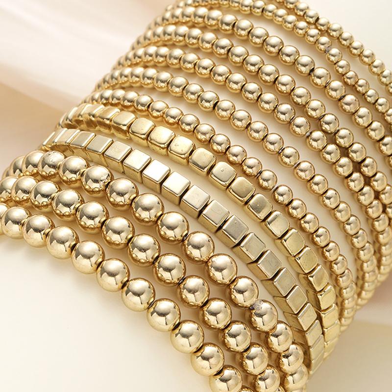 12pcs/set Vintage Punk Handmade Block Ball Beaded Bracelets for Women Gold Color Stretchy Bracelets Simple Fashion Party Jewelry