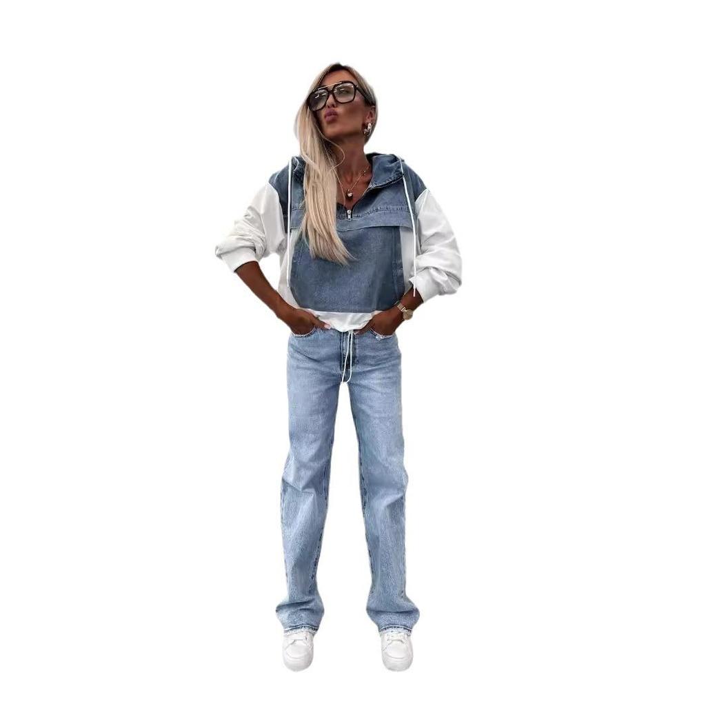 Felpe con cappuccio in denim lavato da donna, larghe, vintage, con cappuccio, pullover, top autunnali patchwork, felpa streetwear femminile