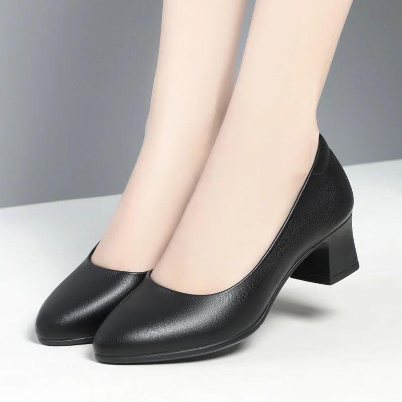 Women Black Shallow Mouth Low Heels Spring Autumn Fashion Round Head Thick Heeled Lightweight Work Office Single Shoes