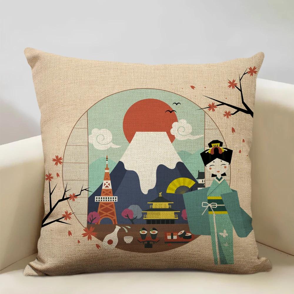 Japan Mount Fuji Ukiyo-e Retro Cushion Cover Sofa Pillowcase Home Decor Throw Pillow Case 45x45cm