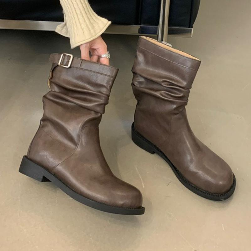 Women's Boots Round Toe Pleated Ankle Botines Fashion Belt Buckle Design Chunky Heel High Heels Comfort Non Slip Mid Calf Boots