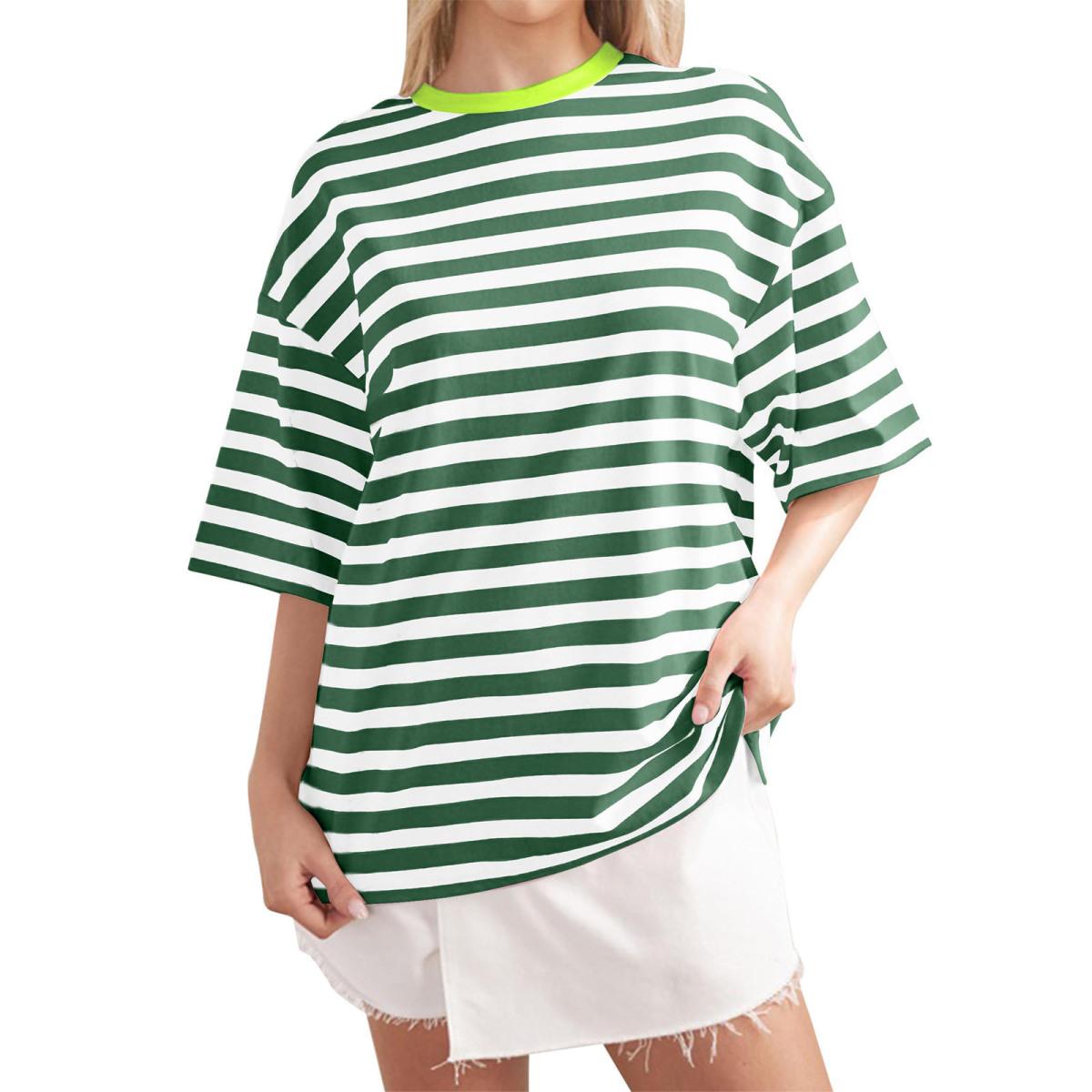Women s Summer Casual Striped Printed Round Neck Five-quarter Sleeve T-shirt Clothes Sale S
