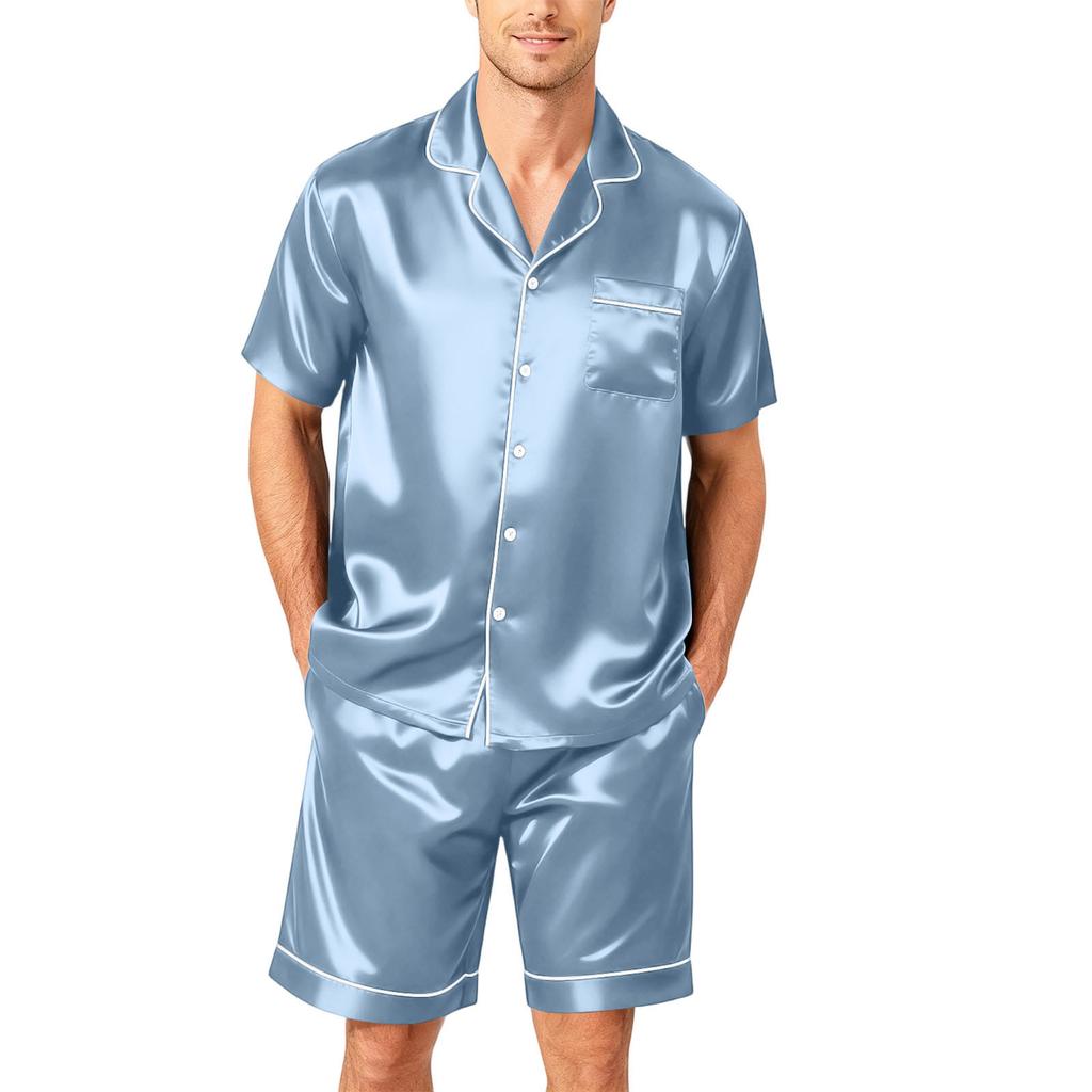 Men's Short Sleeve Pajama Set Button Down Shirt with Notched Collar and Matching Shorts Soft Lightweight Lounge Sleepwear S To XXXXL