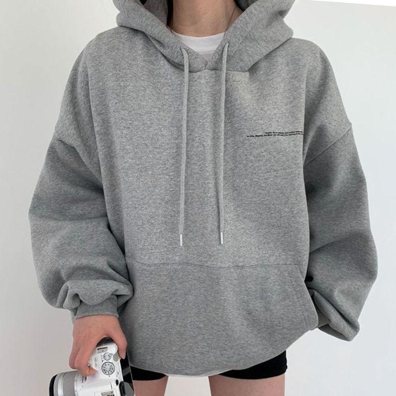 

Fleece-lined Thickened South Korea Chic Autumn and Winter Lazy Style Hooded Letter-Print Loose and Warm Long Sleeve Sweater Coat Women Light gray 2XL