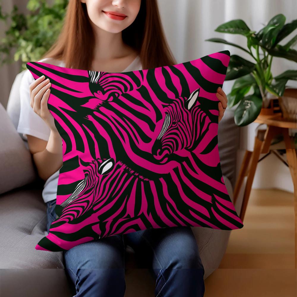Rosa und Schwarzes Zebra-Muster Digitaldruck Kissenbezug Kurzer Plüsch Geeignet für Wohnzimmer Schlafzimmer Sofas Zierkissenbezug