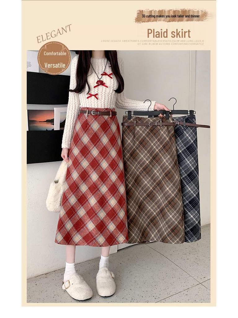 Plus Size Korean-Style Plaid Wool Skirt with Belt for Women