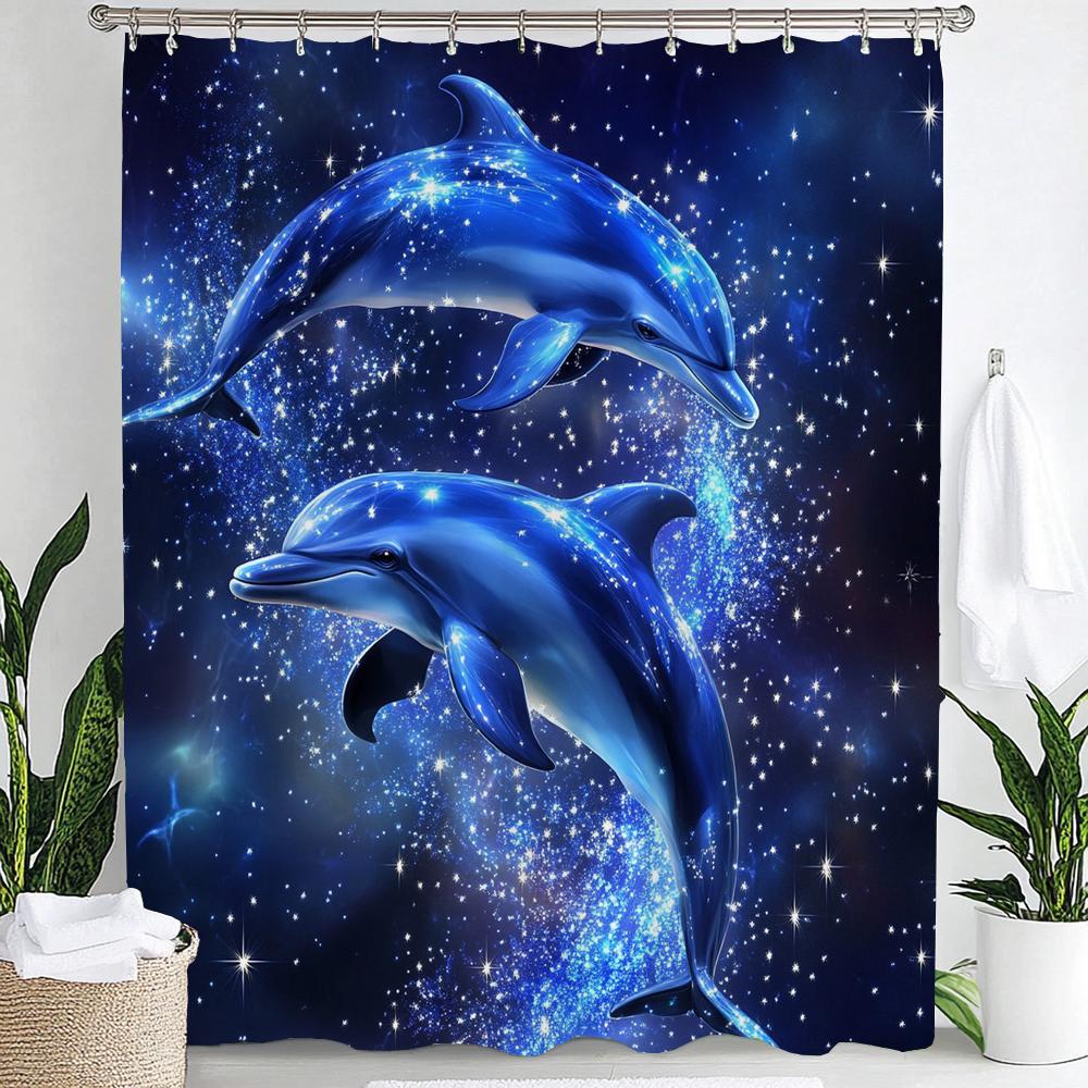 1pc Underwater World Blue Ocean Dolphin Cartoon Print Waterproof Shower Curtain Partition Privacy Hanging Curtain with 12 Hooks