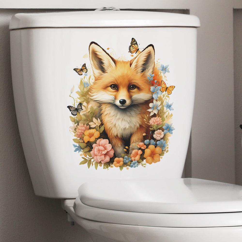 Hand Painted Fox with Flowers and Butterfly Toilet and Wall Sticker Set Waterproof Self-Adhesive Removable Decal for Bathroom WC Wall Decoration