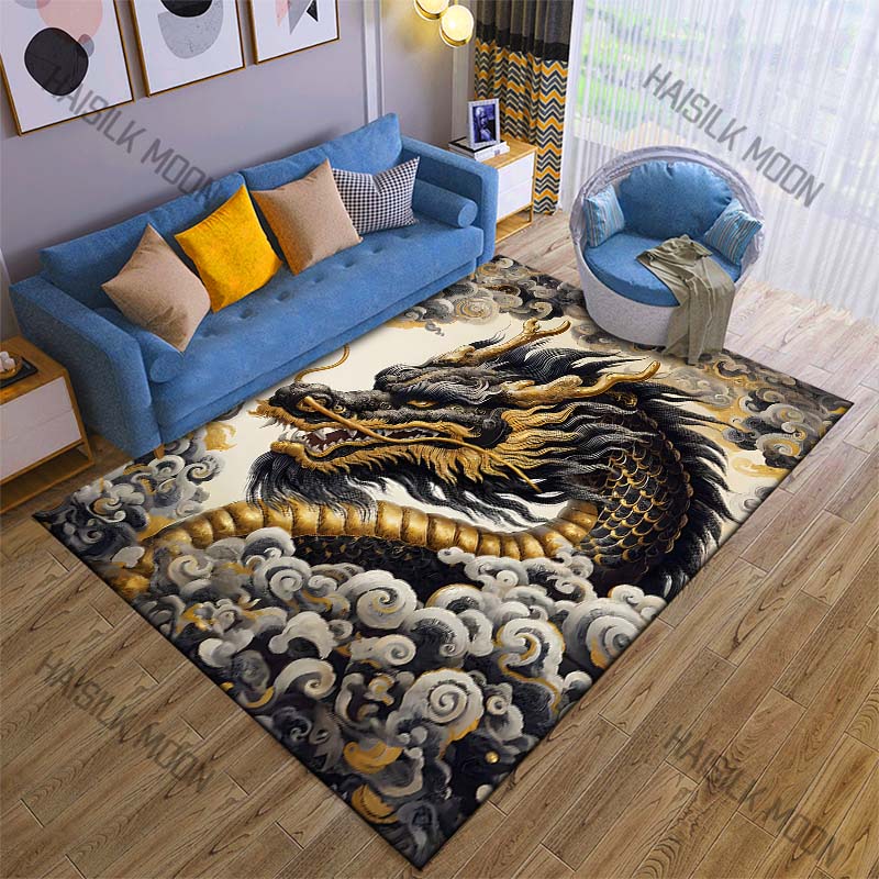 Golden Black Dragon In Clouds Print Carpet Rug for Living Room Bedroom Sofa Doormat Home Decor Non-slip Floor Mat