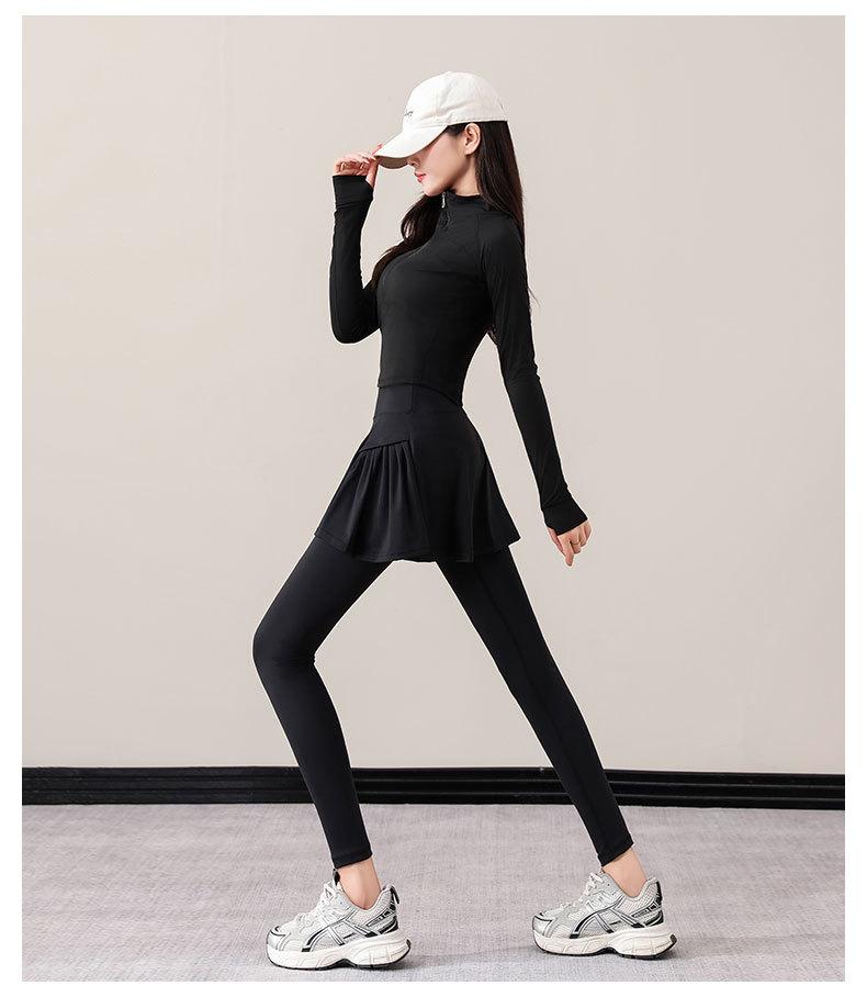 Women's Autumn/Winter 2025 Casual Tennis & Badminton Set with Long Sleeve Top, Yoga Skirt, and Pants.