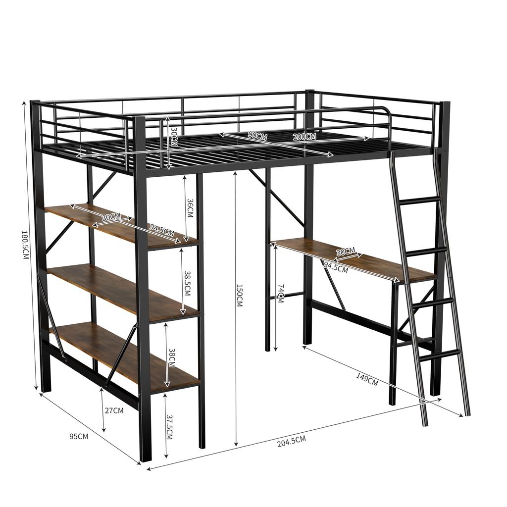 Bunk Bed 90x200 Cm Iron Frame, Desk & 3 Shelves, Side Rails & Safety Ladder, Children's room/Adults